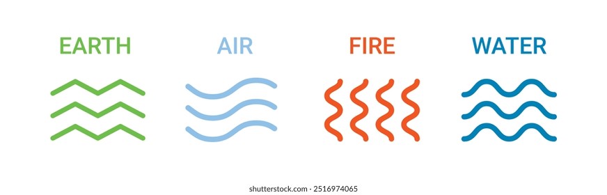 Cuatro íconos de Elementos de naturaleza. Tierra, aire, fuego, agua. Símbolo de tierra, fuego, agua, aire aislado sobre fondo blanco. Concepto de Naturaleza de patrones de ambiente 4 logotipos. . Ilustración vectorial