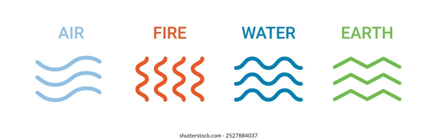 Four nature elements icons. Earth, air, fire, water. Symbol of earth, fire, water, air isolated on white background. Nature concept environment patterns 4 logos. . Vector illustration