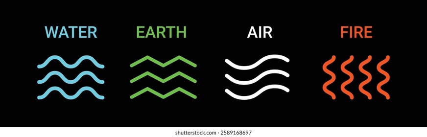 Four nature elements icons. Earth, air, fire, water. Symbol of earth, fire, water, air isolated on black background. Nature concept environment patterns 4 logos. . Vector illustration