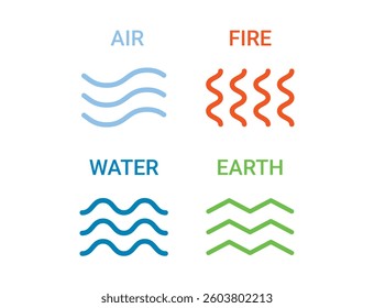 Four nature elements icons. Earth, air, fire, water. Symbol of earth, fire, water, air isolated on white background. Nature concept environment patterns 4 logos. . Vector illustration