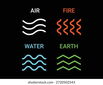 Four nature elements icons. Earth, air, fire, water. Symbol of earth, fire, water, air isolated on black background. Nature concept environment patterns 4 logos. . Vector illustration