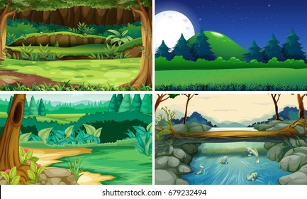 Four nature scenes day and night illustration