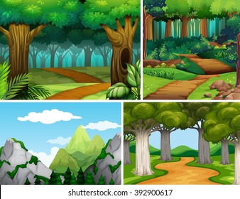 Four nature scenes with forest and mountain illustration