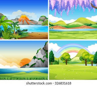 Four nature scenes with lake and park illustration