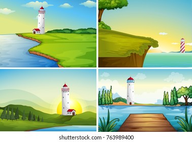 Four nature scenes with lighthouse by the ocean illustration