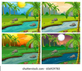 Cuatro escenas naturales con río, arroyo