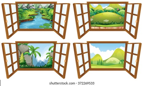 Four nature scenes from the window illustration
