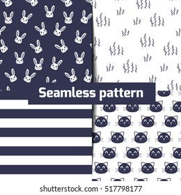 Four navy color seamless patterns set.