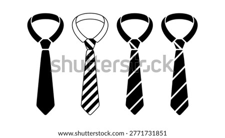 Four neckties in different patterns on white background black striped