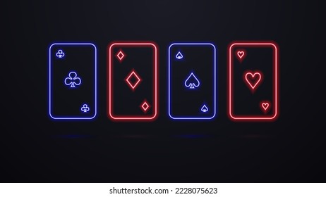 Four neon cards of different suits. Red and blue, bright glowing silhouettes of cards.
