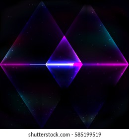 Four neon glowing triangle soap in retro style on background of the cosmos form two rectangles.