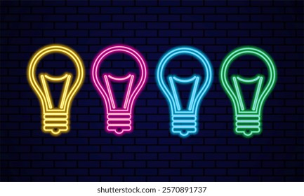 Four neon lights of different colors (yellow, pink, blue, green) against a brick wall