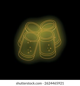 Four neon yellow shot glasses with bubbles representing a pouring drink, creating a vibrant and celebratory atmosphere