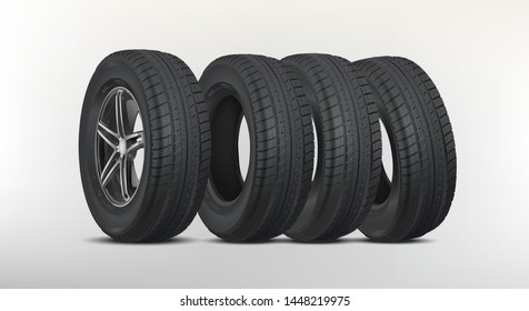 Four new good-looking snow tires isolated on the white background. A set of winter and summer car tires. Tyre packages. Wheel parts. Tire service. Realistic vector tires set. Car wheel with alloy rims