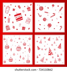 Four New Year cards with a pattern, with gifts, sweets, Christmas trees, stars with snowflakes and balls. Red vector objects on white background.Vector illustration. Objects geometric patterns