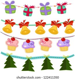 four New Year garlands of New Year trees, bells, presents and cakes