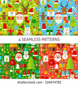 Four New Year Seamless Patterns. Merry Christmas Flat Design Vector Illustration. Tile Background.
