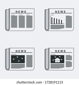 four newspapers with different contents. Like, Corona Virus info, economic bar charts, and suggestions for staying home.