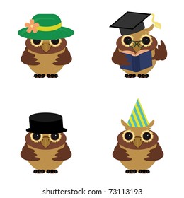 four nice owls on white background