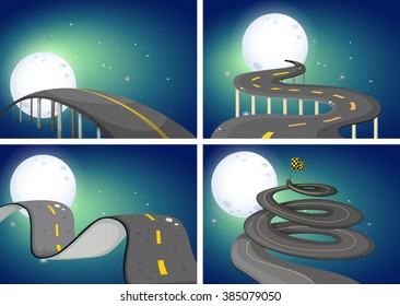 Four night scenes of empty roads illustration