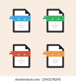 Four ninja character documents with serious look eyes and mouth, colorful ribbon versions and folded corner vector filled icons