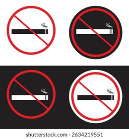 Four no smoking signs, two on white and two on black. Red circle with a line through a cigarette.