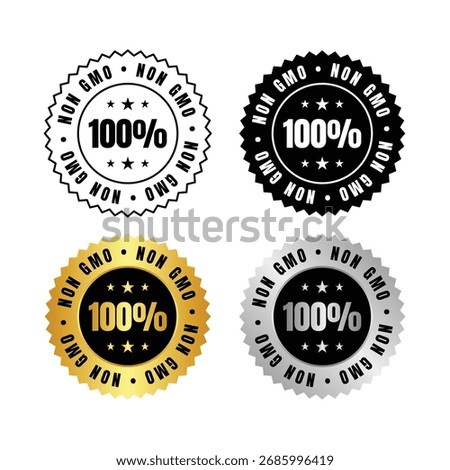 four non gmo labels are displayed. the labels are in black, white, gold, and silver. they feature stars and the text. these labels are ideal for food packaging and product marketing.