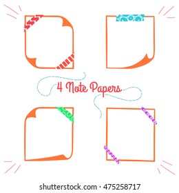 Four note papers with washi tape in cartoon style, linear memo with curled corners, colorful decorative paper tape, isolated note paper on white background, EPS 8