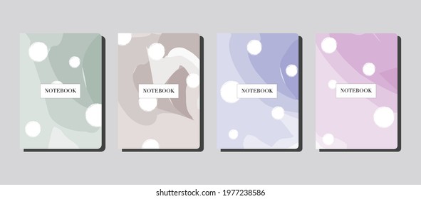 four notebook with green beige violet and pink watercolor abstract design with white dots and inscription,  in grey background