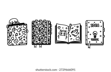 Four notebooks with different designs and a person holding one educational and creative concept
