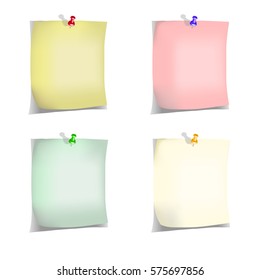 Four notes pinned to the wall with pins of different colors with shadows