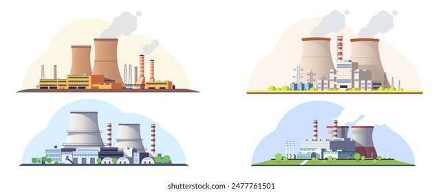 Four nuclear power plants in flat graphic style on light backgrounds, showcasing different designs. Vector illustration