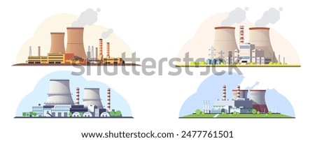 Four nuclear power plants in flat graphic style on light backgrounds, showcasing different designs. Vector illustration