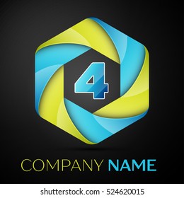 Four number colorful logo in the hexagonal on black background. Vector template for your design