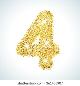 Four number in golden style. Vector illustration gold design. Formed by yellow shapes. For party poster, greeting card, banner or invitation. Cute numerical icon and sign.