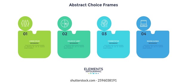 Four numbered abstract frames placed in horizontal row. Concept of 4 stages of marketing strategy. Modern flat infographic design template. Simple vector illustration for business presentation.