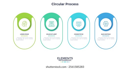 Four numbered circular frames placed in horizontal row. Concept of 4stages of marketing strategy. Modern flat infographic design template. Simple vector illustration for business presentation.