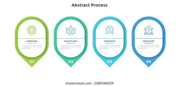 Four numbered circular frames placed in horizontal row. Concept of 4 stages of marketing strategy. Modern flat infographic design template. Simple vector illustration for business presentation.