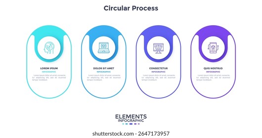 Four numbered circular frames placed in horizontal row. Concept of 4stages of marketing strategy. Modern flat infographic design template. Simple vector illustration for business presentation.