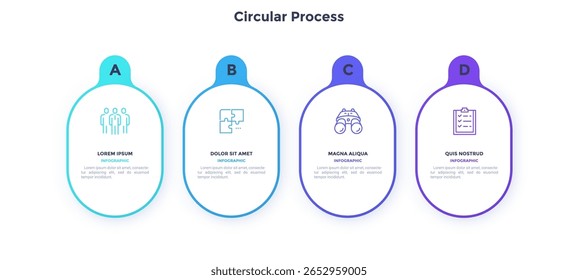 Four numbered circular frames placed in horizontal row. Concept of 4 stages of marketing strategy. Modern flat infographic design template. Simple vector illustration for business presentation.