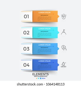 Four numbered colorful rectangular elements or pointers with thin line icons and place for text inside arranged into vertical row or list. Modern infographic design template. Vector illustration.