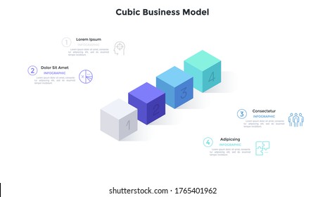 Four numbered cubes placed in row. Concept of 4 steps of business project development progress. Minimal infographic design template. Modern isomeric vector illustration for presentation, report.