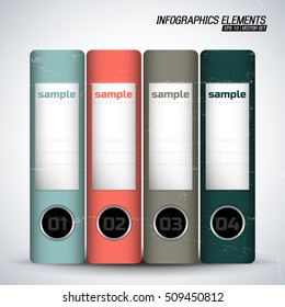 Four numbered document folders with sample text infographics elements set on grey background flat vector illustration
