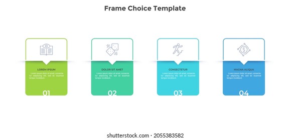 Four numbered rectangular frames placed in horizontal row. Concept of 4 stages of marketing strategy. Modern flat infographic design template. Simple vector illustration for business presentation.