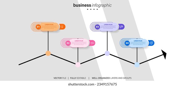 Four numbered rectangular frames placed in horizontal row. Concept of 4 stages of marketing strategy. Modern flat infographic design template. Simple vector illustration for business presentation
