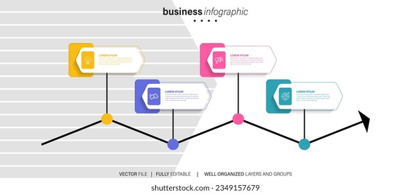 Four numbered rectangular frames placed in horizontal row. Concept of 4 stages of marketing strategy. Modern flat infographic design template. Simple vector illustration for business presentation
