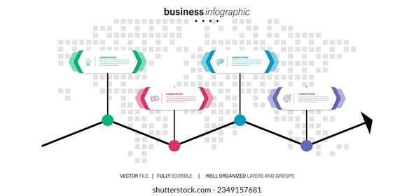 Four numbered rectangular frames placed in horizontal row. Concept of 4 stages of marketing strategy. Modern flat infographic design template. Simple vector illustration for business presentation
