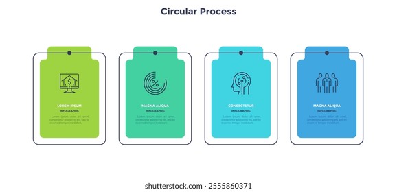 Four numbered rectangular frames placed in horizontal row. Concept of 4 stages of marketing strategy. Modern flat infographic design template. Simple vector illustration for business presentation.