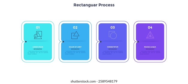 Four numbered rectangular frames placed in horizontal row. Concept of 4 stages of marketing strategy. Modern flat infographic design template. Simple vector illustration for business 