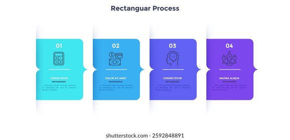 Four numbered rectangular frames placed in horizontal row. Concept of 4 stages of marketing strategy. Modern flat infographic design template. Simple vector illustration for business 